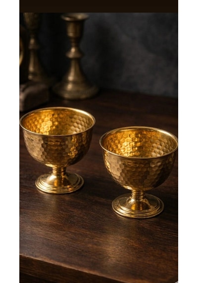2'li Gold Metal Ayaklı Çerezlik & Lokumluk - Dövme Desenli Gold Sunum Kasesi 240ml