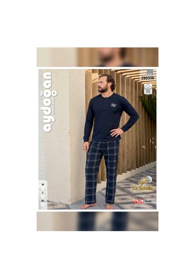 Hermevsim Aydoğan Erkek Pijama Takımı %100 Pamuk Süprem Patlı Yaka Uzun Kol Lacivert Tuna 260538