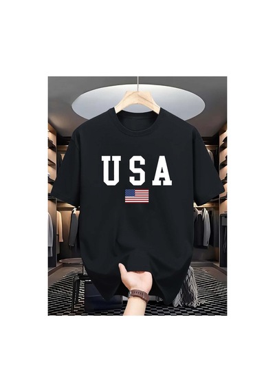 Caddemia Yaz Moda Rahat Bol Kesim Abd Amerikan Ulusal Bayrağı Grafik Yuvarlak Boyun Siyah 2XL