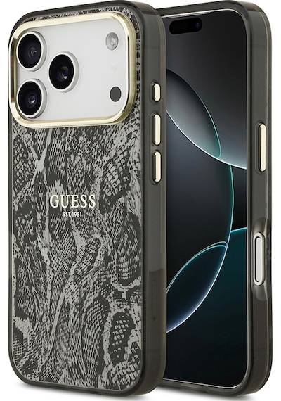 Apple Uyumlu iPhone 17 Pro Kılıf Guess Lisanslı M-safe Özellikli Yazı Logolu Python Desenli Kapak Siyah Siyah