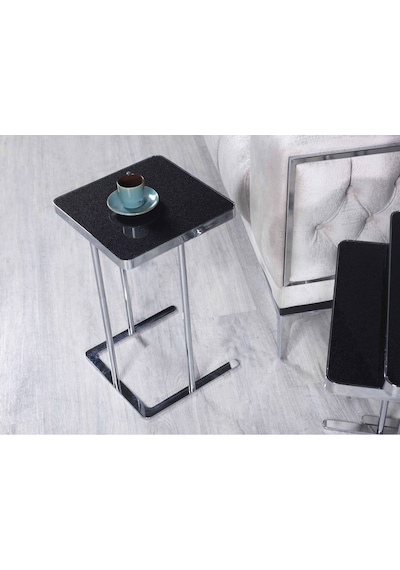 Premium Zigon Sehpa & Yan Sehpa 3'lü Kare Sehpa Hıgh Gloos Mdf Siyah Bronz Ayak