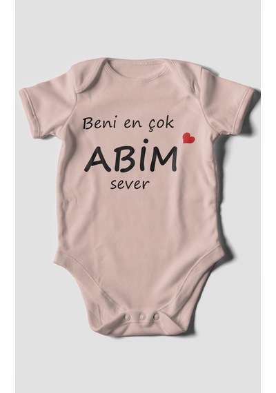 Beni En Çok Abim Sever Baskılı Bebek Zıbını Çıtçıtlı Body %100 Pamuk Kısa Kol Pastel Pembe