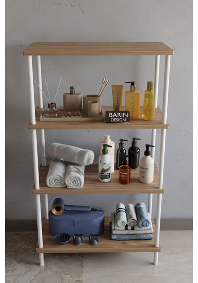4 Katlı Çevir Kur Metal Gövdeli Banyo Rafı Çok Amaçlı Düzenleyici Organizer Stand Banyo Dolabı Atlantik Çam