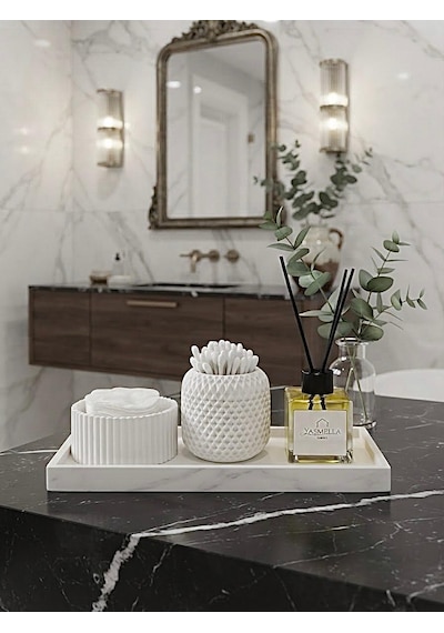 Minimal Beyaz Banyo Seti + Pamukluk + Kulak Çubuğu Kabı + Soft Romantica Difüzör + Dekoratif Tepsi