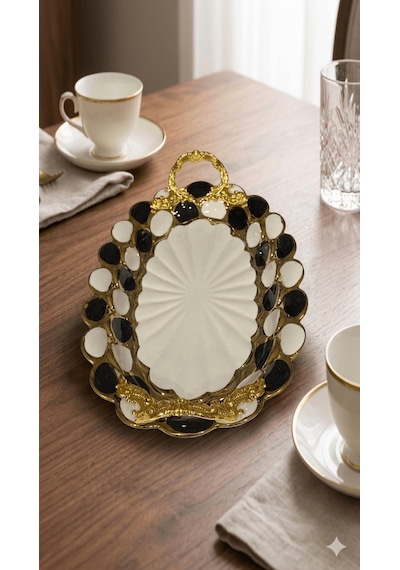 Sembol Porselen Lüks Oval Sunum Tepsisi 30x19 Cm - Siyah Beyaz Gold Beyaz - Altın