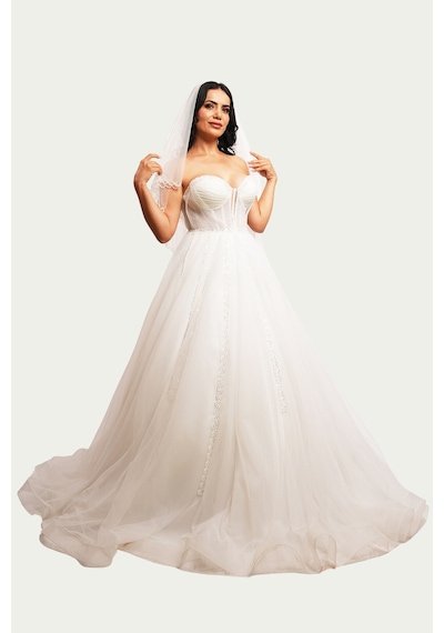 Canım Kendim Store İnci Beyazı Drape - Transparan Detaylı Helen Model Gelinlik Beyaz