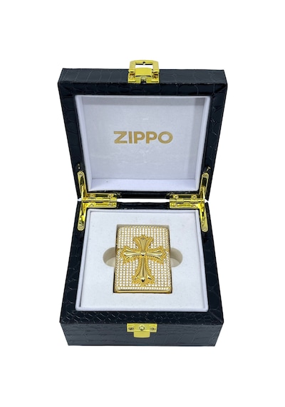 Zippo Özel Seri - Iced Out Zirkon Taşlı Haç Figürlü Lüks Çakmak Sarı