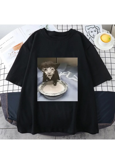 Flood Of Style Süt Yüz Kedi Meme Baskı T Shirt Garip Mizah Komik Kedi Grafik T-shirt Erkek Kadın Hip Hop Pam Siyah