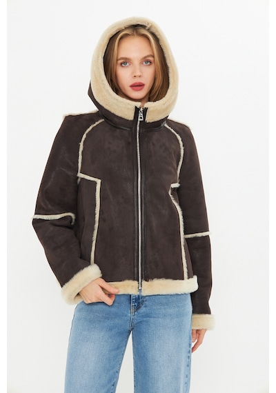 M M Marki Marki Hakiki Nubuk Deri Kapüşonlu Oversize Kadın Mont - İçi Kürklü - Kahverengi 65 Cm - 115522 Nubuk Kahverengi