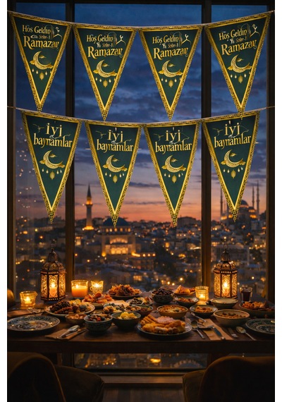 2li Ramazan Flama Seti: Hoşgeldin + İyi Bayramlar Bayrak Süs Şeker Bayramı Banner Dini İslami Süs