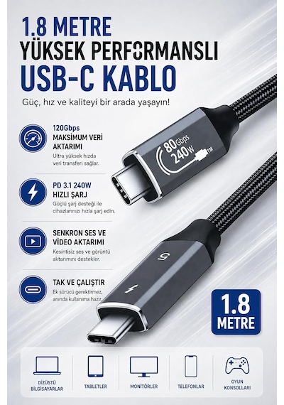 1.8 Metre Thunderbolt 5 Usb-c Data Kablosu, 120gbps Veri Aktarımı, Pd 3.1 240w Hızlı Şarj, 16k 60hz Görüntü, Örgülü Kablo, Ses Video Aktarımı, Thunderbolt 4/3 Usb4/3.1/3.0 Uyumlu Zr1325