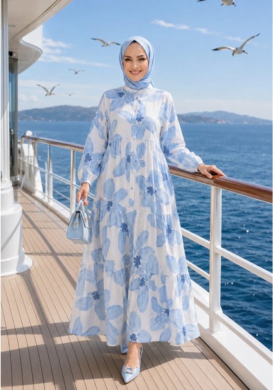 Hb Harma Time Butik Kadın Düğmeli Desenli Modal Mavi Elbise