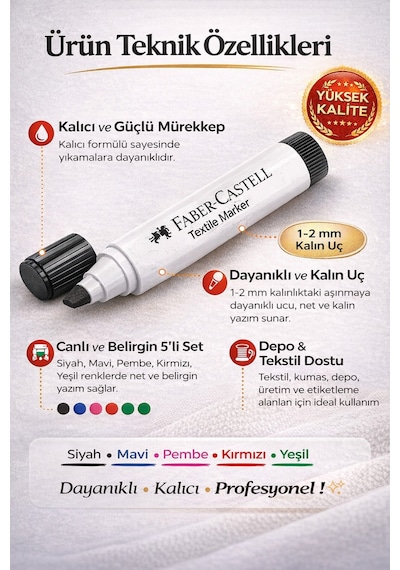 5'li Tekstil Markörü Kalem Seti Kumaş Yazı Kalemi Siyah, Mavi, Pembe, Kırmızı, Yeşil Çok Renkli