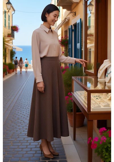 Benerly Kadın A-line Maxi Etek Çizgili Dokuma Kumaş Beli Lastikli Astarsı Kahverengi