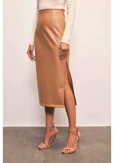 Sateen Yan Yırtmaçlı Deri Etek - Camel