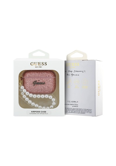 Apple Airpods Pro 3 Uyumlu Kılıf Guess Lisanslı Glitter Yazı Logolu İnci Tasarım Bilek Askılı Pembe