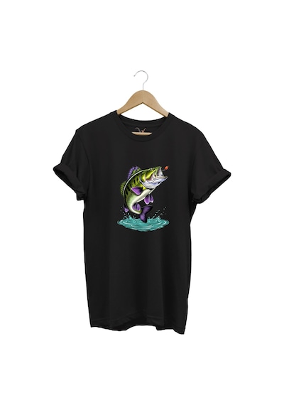 Fishing Balıkçılık Levrek Balığı Baskılı Avcı %100 Pamuk Regular Fit Unisex T-shirt Siyah