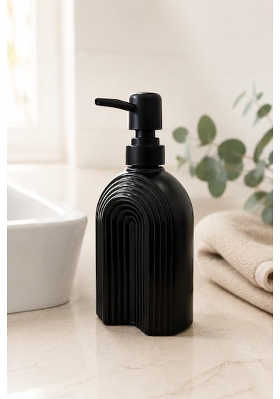 Çizgili Bohem Minimal Cam Sıvı Sabunluk - 250ml - 14x6x5.5 Cm Siyah