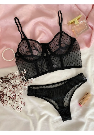 Mh Moony Homewears Premium Siyah Yarım Korse Bralet Takımı Siyah