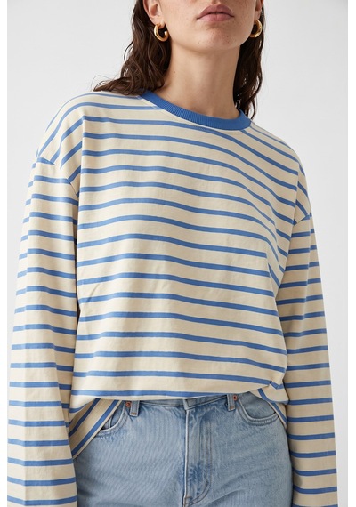Mixray 2236 Çizgili Bisiklet Yaka Uzun Kol Oversize Sweatshirt Mavi