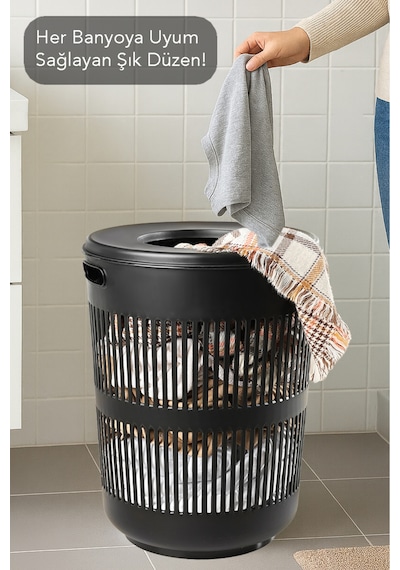 60 Litre Solara Yuvarlak Kirli Sepeti - Kapak Detaylı Banyo Düzenleyici Sepet Çamaşır Sepeti Siyah Siyah