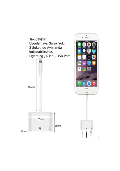 Iphone 7 8 X 11 11 Pro 12 13 13 14 Pro Max İle Uyumlu Ve Ipad Uyumlu Usb Ethernet Lightning Şarj Adaptörü 3in1
