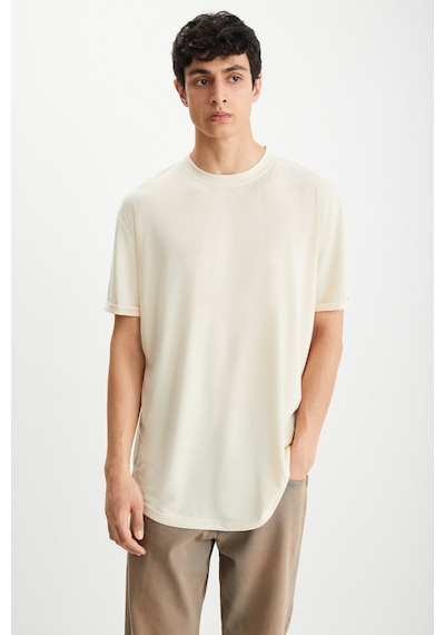 Grimelange Oscar Erkek Comfort Fit Uzun Dökümlü Kumaş Vanilya T-shirt Vanilya