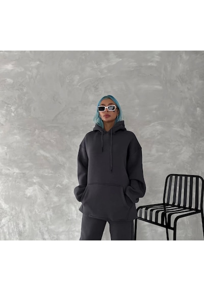 Kapşonlu Üç İplik Penye Basic Sweatshirt - Füme Füme