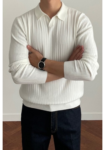 Cool Tarz Erkek Polo Yaka Triko Kazak Slim Fit Fitilli Beyaz