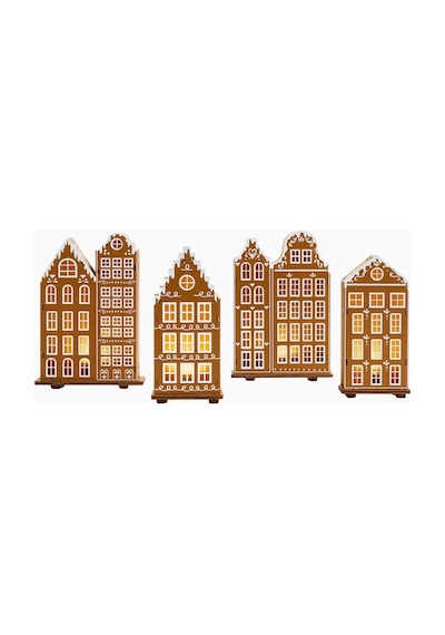 Crate & Barrel Led Gingerbread Holiday Village Set 4 Ahşap Aydınlatmalı Evler Yılbaşı Temalı Yılbaşı Dekorları