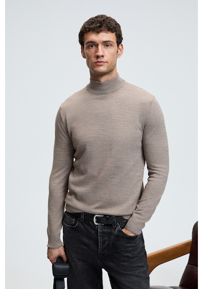 Grimelange REBEL Erkek Yarım Balıkçı Yaka Basic Slim Fit Triko Vizon Kazak