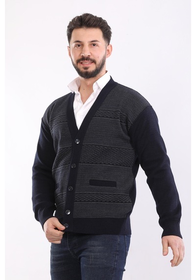 Kzctekstil Erkek Baba Triko Örgü Çift Cepli Akrilik Klasik Fit Düğmeli Hırka Lacivert