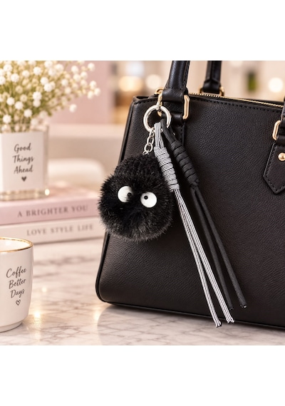 Puffy Siyah Bereli Ponpon Çanta Charmı