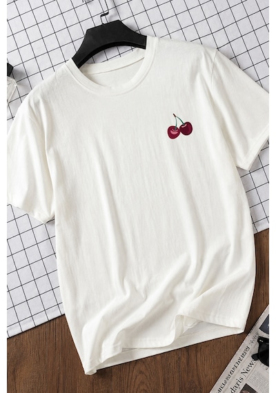 Spoyi Cherry Paris Tasarımlı %100 Pamuk Yarım Oversize Beyaz T-shirt