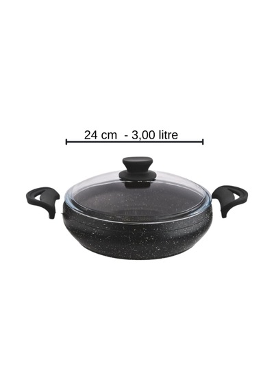 Granit Pro 24 Cm Basık Granit Güveç Tencere Siyah Bakalit Saplı Cam Kapaklı Yapışmaz