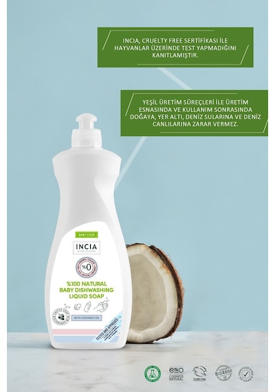 INCIA %100 Doğal Bebek Bulaşık Sabunu Bitkisel Emzik Biberon Temizleyici Vegan 500 ml