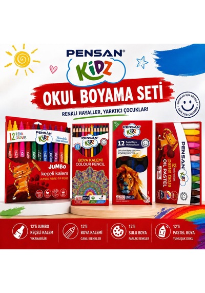 Pensan Kidz 4 Lü Boyama Seti 12 Renk Keçeli Kalem Pastel Sulu Boya Kuru Boya Okul Seti Çok Renkli