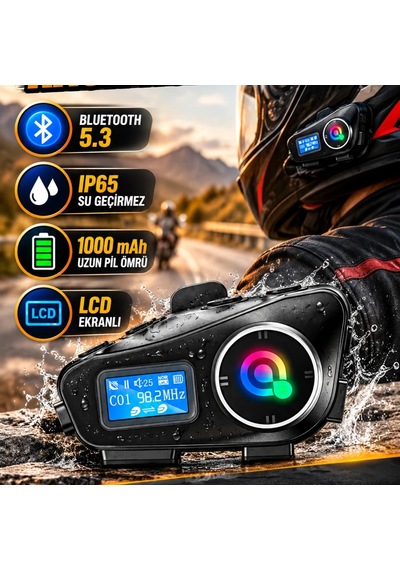 Su Geçirmez Bluetooth 5.3 Kask Kulaklığı 1000mah Bataryalı Ip65 Koruma Lcd Ekranlı