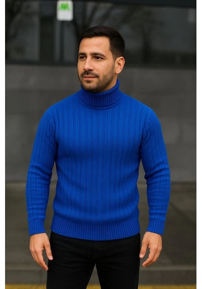 Efnaz Style Erkek Balıkcı Yaka Bağazlı Triko Kazak Pamuklu Kalın Fitilli Dokuma, Regular Fit Uzun Kollu Kışlık Model - Saks Mavisi