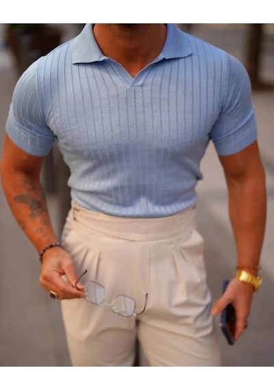 Erkek Fitilli Polo Yaka Triko T-shirt Mavi
