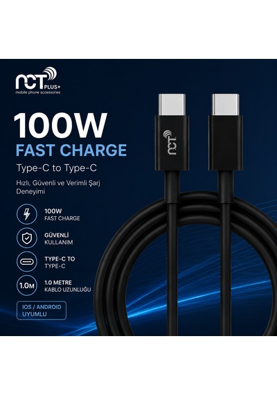 Nct Plus+ Usb-c Type-c To Type-c 100w Hızlı Şarj Kablosu 1m Pd Destekli Siyah 100 Cm