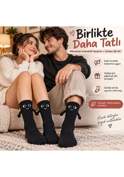 Womanandkids Wak Mıknatıslı El Ele 2'li Unisex Tutuşan Sevimli Çorap 36-44 Çift Hediyesi, Pamuklu Renkli Crew M Siyah