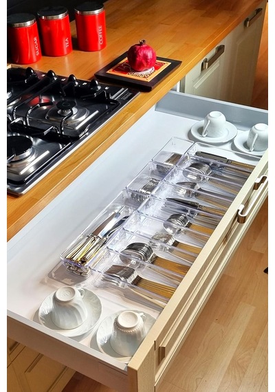 11'li Set Modüler Mutfaklarda Çekmece Içi Kaşıklık Organizer Düzenleyici Şeffaf Şeffaf 40 X 50 Diğer