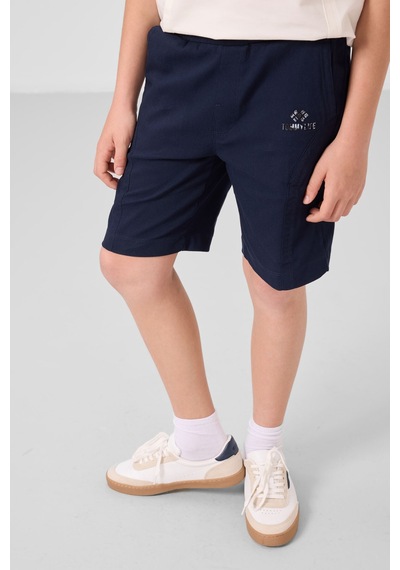 Ekru-lacivert Pamuklu Oversize Fit Dokuma Hafif Esnek Chino Erkek Çocuk Şort Takım - 11276 Ekru