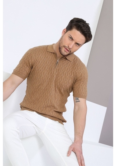 Ferraro Camel Polo Yaka Fermuarlı Erkek Pamuk Triko T-Shirt-Kahverengi (417942562) Kahverengi