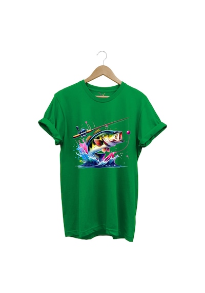 Fishing Balıkçılık Renkli Levrek Balığı Baskılı Avcılık %100 Pamuk Regular Fit Unisex T-shirt Yeşil