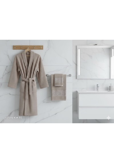 Belinis %100 Pamuk Otel & Spa Kalitesinde Yumuşak Yüksek Su Emici 1 Adet Bornoz 1 Adet 50 X90 Cm Havlu Bej