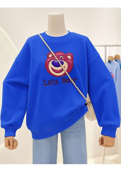 Benroma 3 İplik Penye Lost Bear Baskılı Unisex Sweatshırt Saks Mavisi