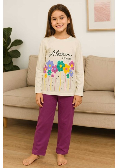 Çocuk Pijama Takımı %100 Pamuk Çiçek Desenli Krem