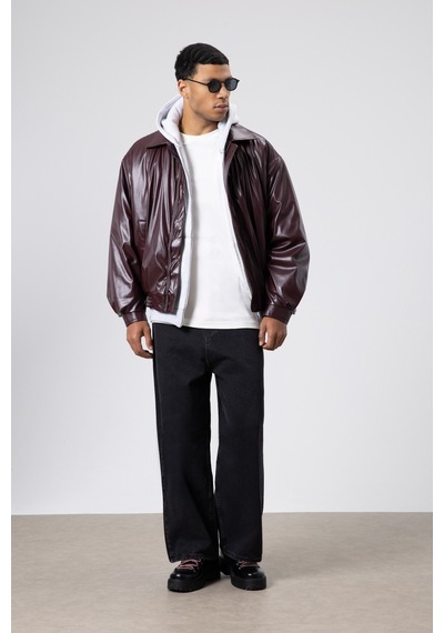Vamos Basıc Suni Deri Oversize Ceket Bordo